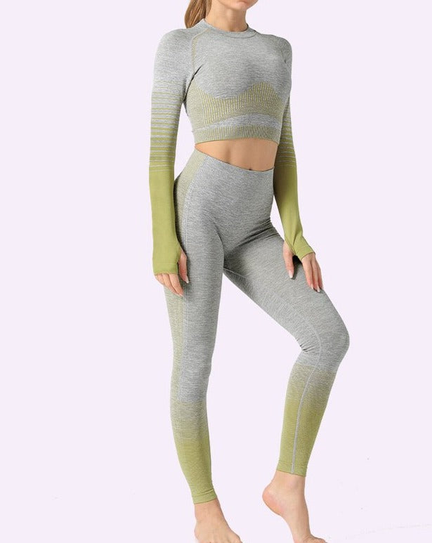 2 Piece Seamless Women Yoga Set Long Sleeve Top High Waist Pants Belly Control Sport Leggings Workout Gym Clothes Seamless Sport Suit OM9253