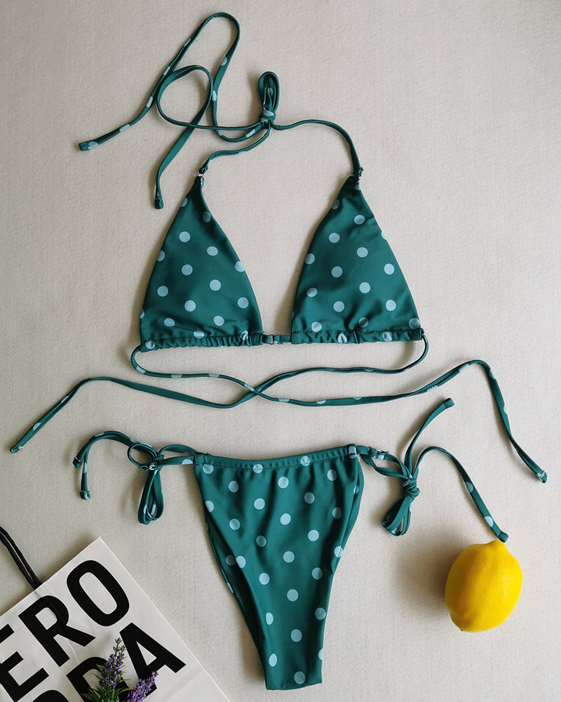 Sexy Halter Neck Florals Solid Colorful Tie Side String Two-piece Swimsuit S-L