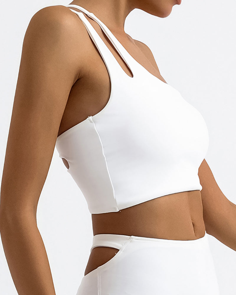 Women One Shoulder Back Criss Cross Quick-Drying Sports Bra Orange Khaki Black White S-L