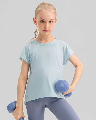 Girl Kids Loose Quick Dry O Neck Short Sleeve T-shirts Blue Pink Yellow Gray 120-150