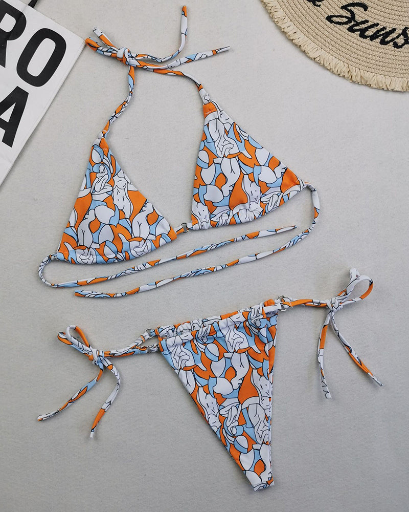 Sexy Halter Neck Florals Solid Colorful Tie Side String Two-piece Swimsuit S-L