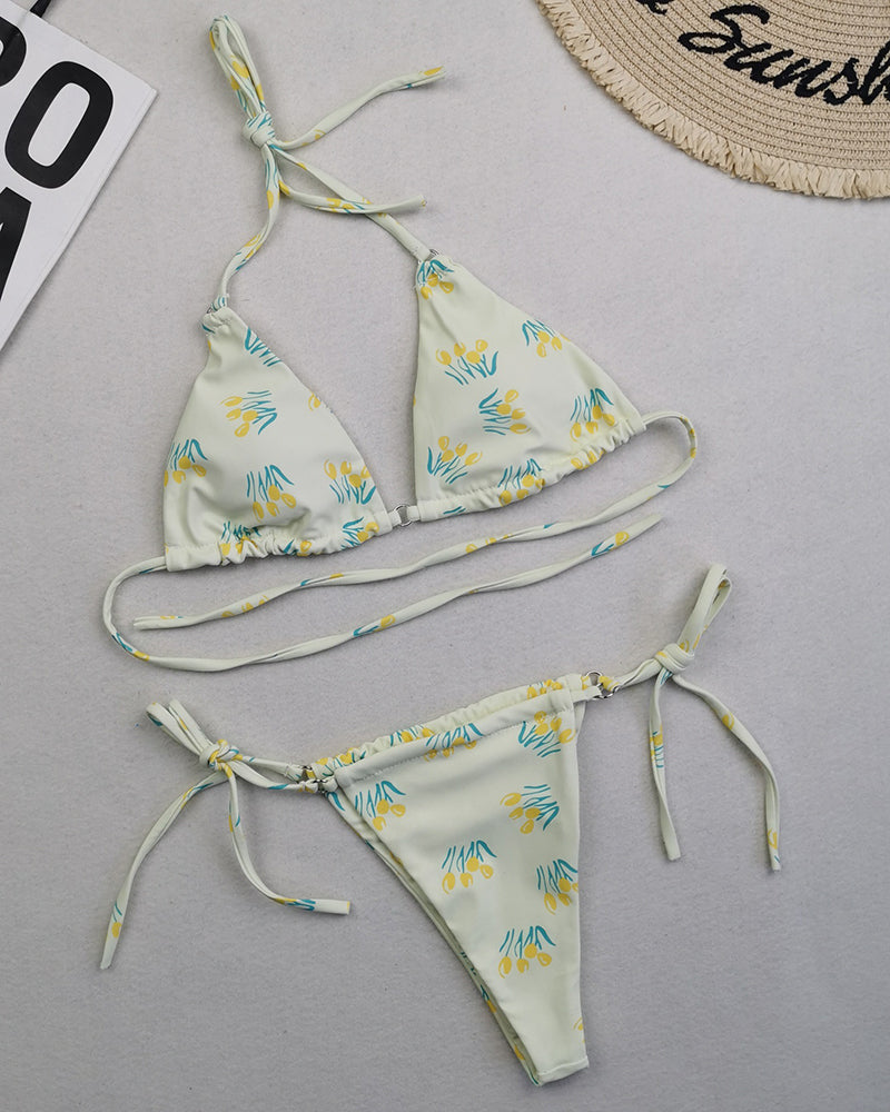 Sexy Halter Neck Florals Solid Colorful Tie Side String Two-piece Swimsuit S-L