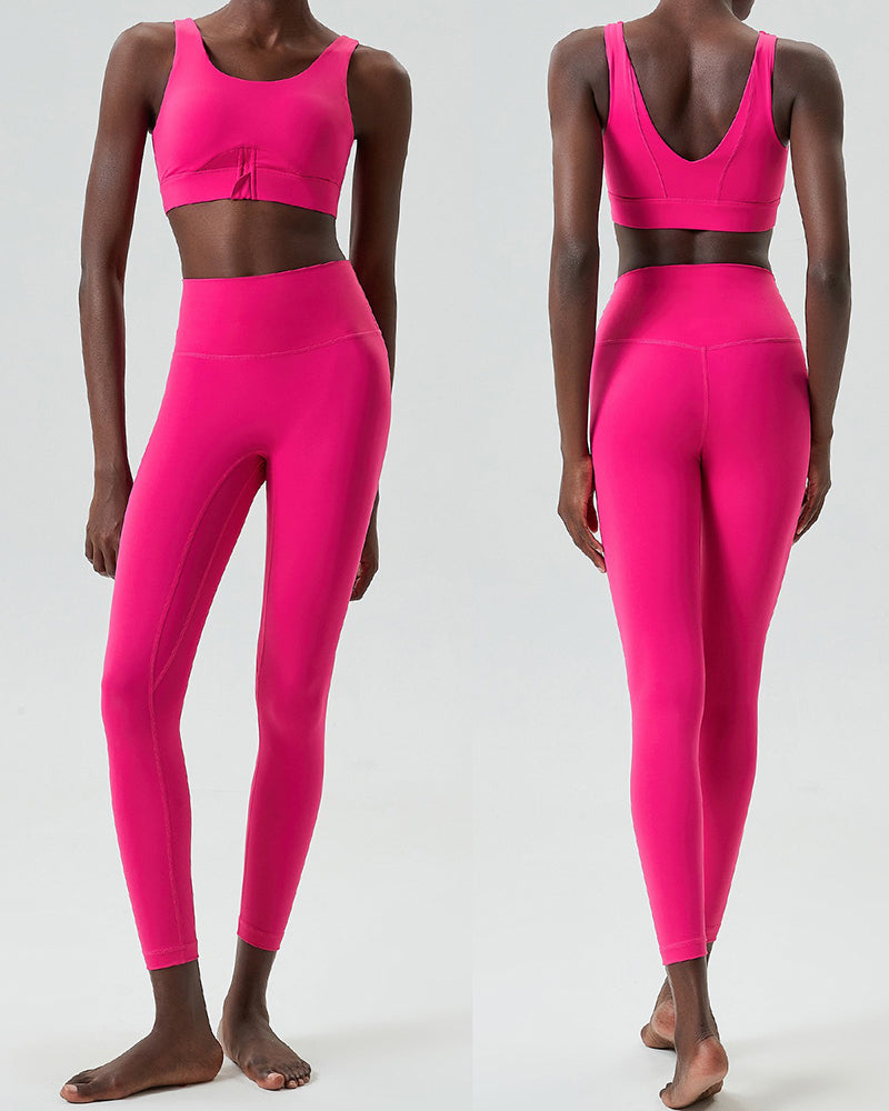 U-Back Zipper Front High Elastic Running High Waist Pants Yoga Two-piece Set S-XL