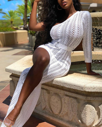 Fashion Sexy Women's Long Crochte Dresses Bodycon One Shoulder Evening Party Cocktail Club Long Maxi Dress Female Kint Clothes