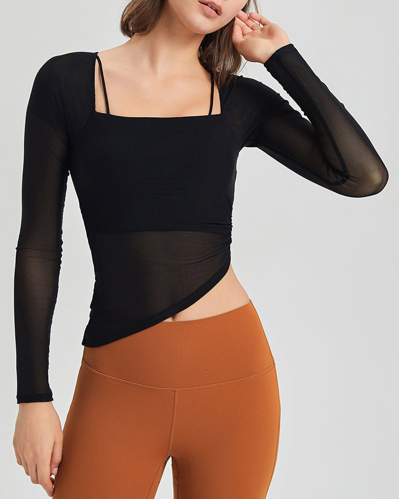 Square Collar Mesh Long Sleeve Irregular Fixed Bra Running Yoga Top S-XL
