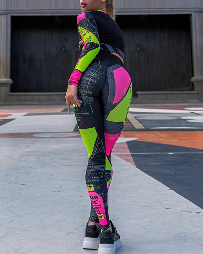 Women Long Sleeve Printed Pants Set Yoga Two-piece Sets Black S-XL