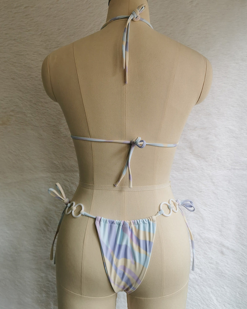 Halter Neck Solid Color Lady Tie Side String Two-piece Swimsuit White Yellow Green Red Purple Black Coffee S-L