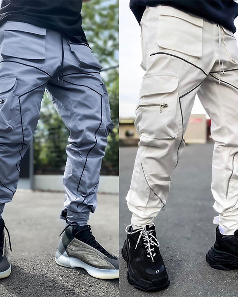 Summer Men Casual Steet Style Refletive Line Pocket Pants M-3XL Joggers