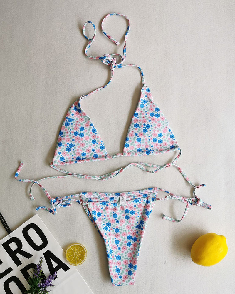 Sexy Halter Neck Florals Solid Colorful Tie Side String Two-piece Swimsuit S-L