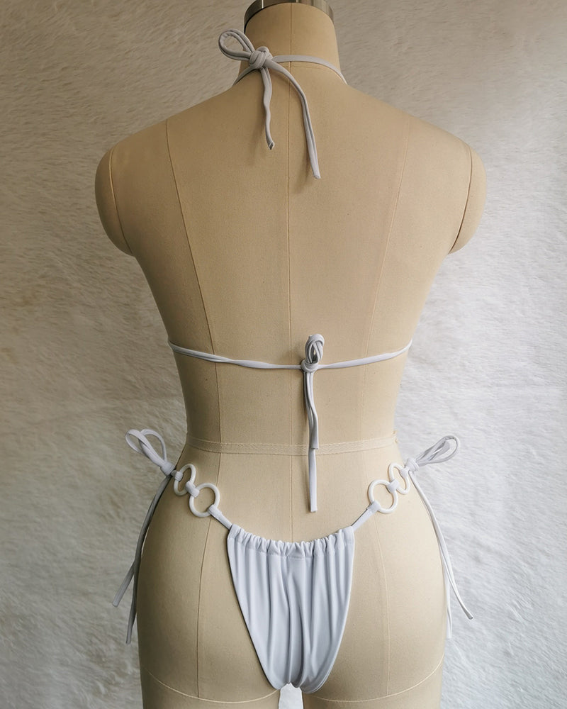 Halter Neck Solid Color Lady Tie Side String Two-piece Swimsuit White Yellow Green Red Purple Black Coffee S-L