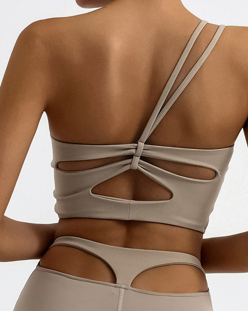 Women One Shoulder Back Criss Cross Quick-Drying Sports Bra Orange Khaki Black White S-L