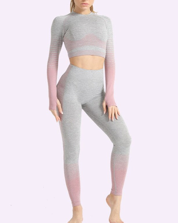 2 Piece Seamless Women Yoga Set Long Sleeve Top High Waist Pants Belly Control Sport Leggings Workout Gym Clothes Seamless Sport Suit OM9253