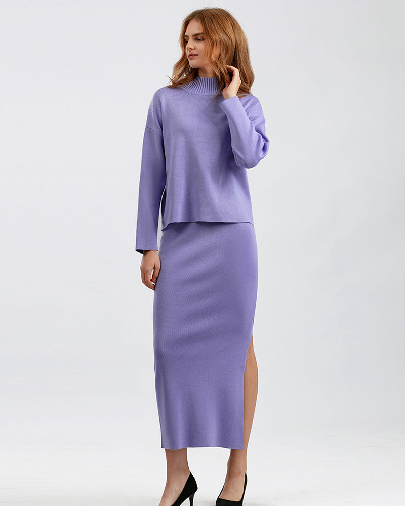 Women Autumn New Knit Casual Fashion Wear Long Sleeve Sweater Top Maxi Skirt Two Pieces Sets One Size