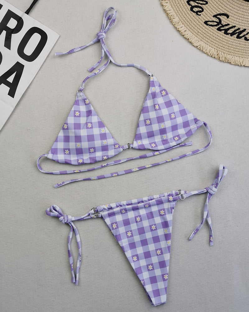 Sexy Halter Neck Florals Solid Colorful Tie Side String Two-piece Swimsuit S-L