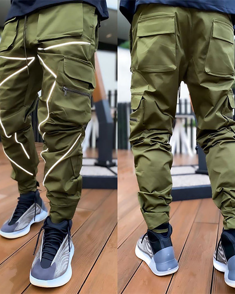 Summer Men Casual Steet Style Refletive Line Pocket Pants M-3XL Joggers