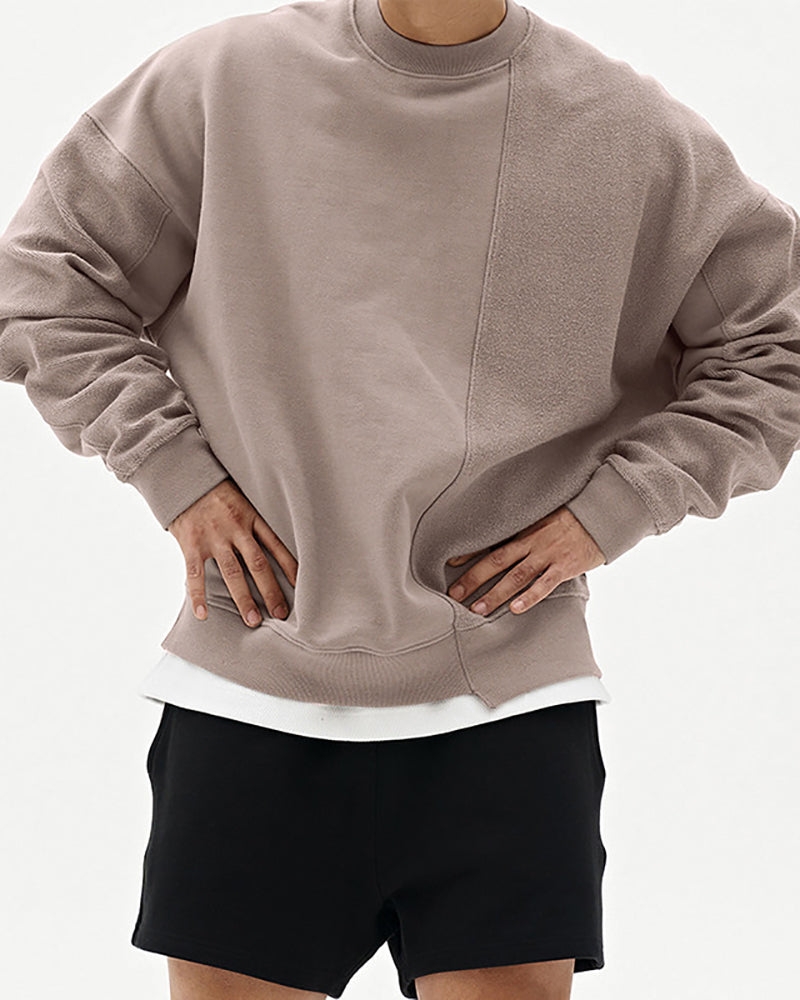 Autumn Long Sleeve Crew Neck Patchwork Sweatshirt Gray Khaki Black Brown Beige M-3XL