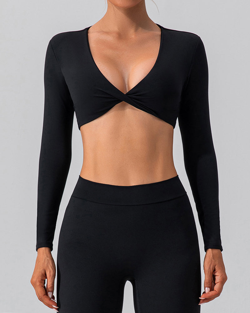 Women Long Sleeve V Neck Solid Color Crop Top Yoga Top S-XL