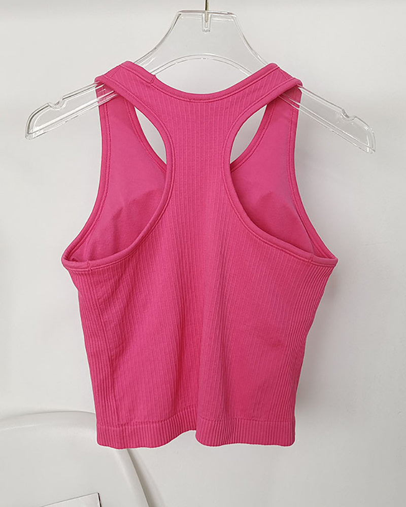Women Sleeveless Solid Color Yoga Sports Vest With Pad S-L