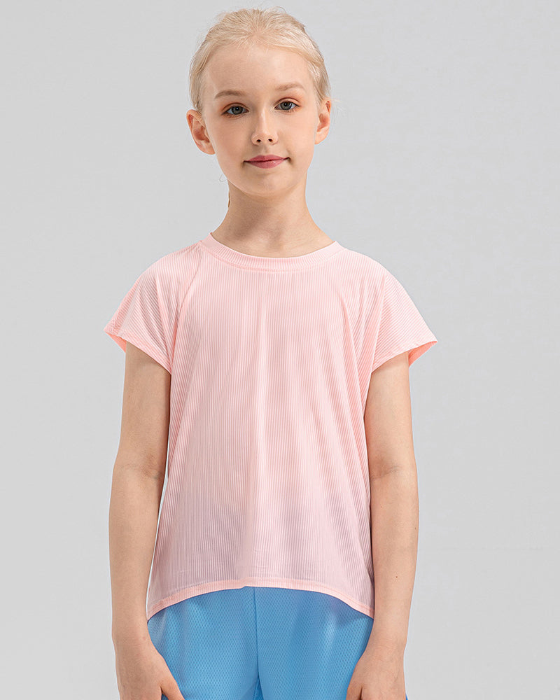 Girl Kids Loose Quick Dry O Neck Short Sleeve T-shirts Blue Pink Yellow Gray 120-150
