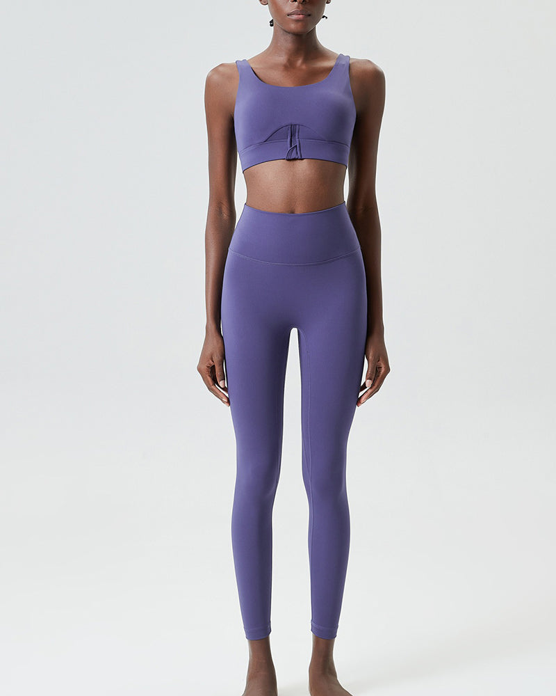 U-Back Zipper Front High Elastic Running High Waist Pants Yoga Two-piece Set S-XL