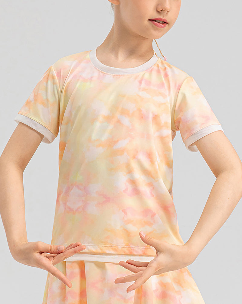 Summer Bubble Printed Girls O Neck Short Sleeve Sports T-shirts Pink Yellow Purple Rosy 120-150