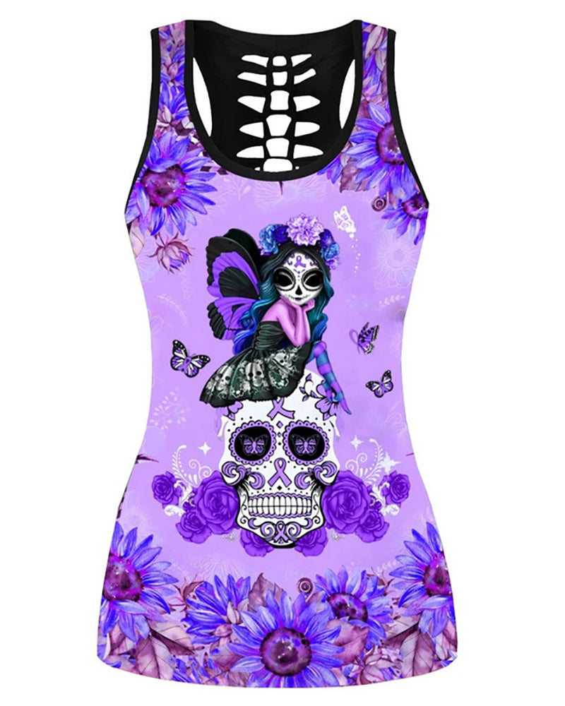 Women Casual Yoga Sport Sleeveless Suit T Shirt YinYang Cat Print 3D Tank Tops Pants Cool Flower Skull Tanks Back Hollow out Vest Casual Tees