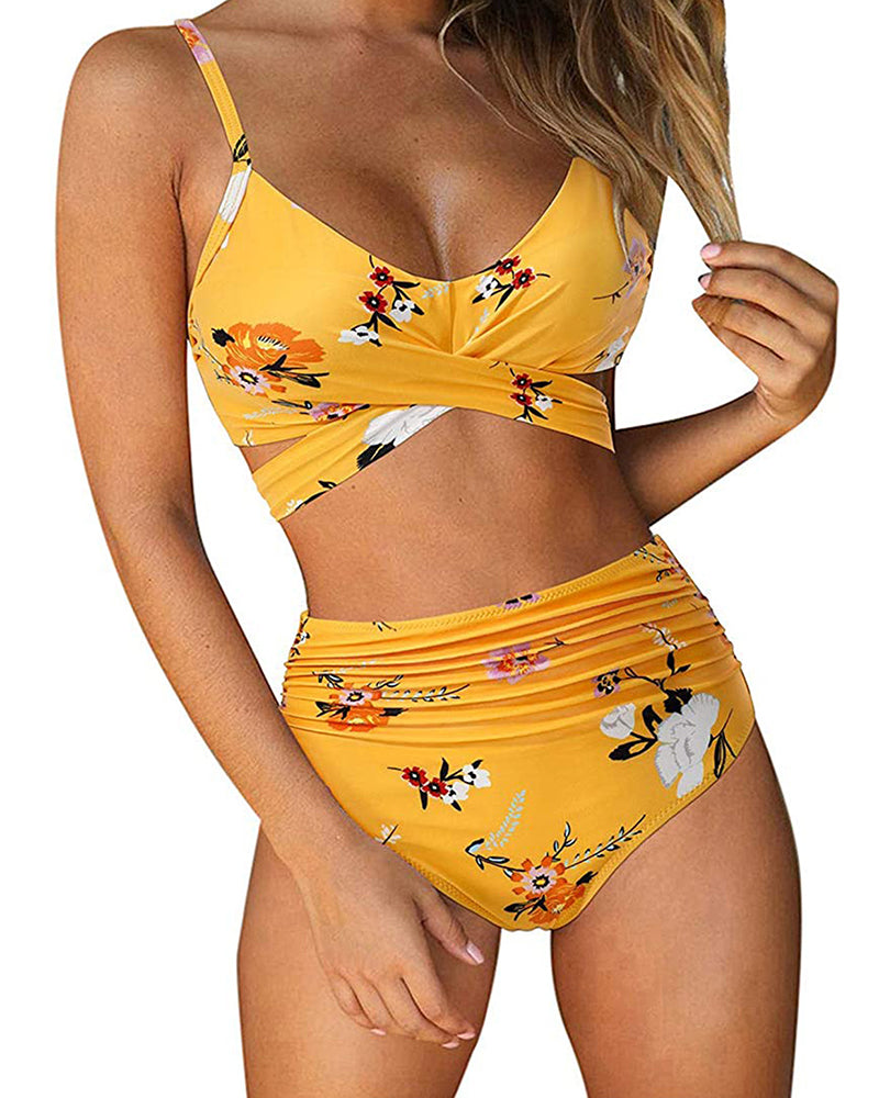 Women Fashion Women Strap Florals Printed High Waist Two-piece Swimsuit Sexy Bikini S-XL