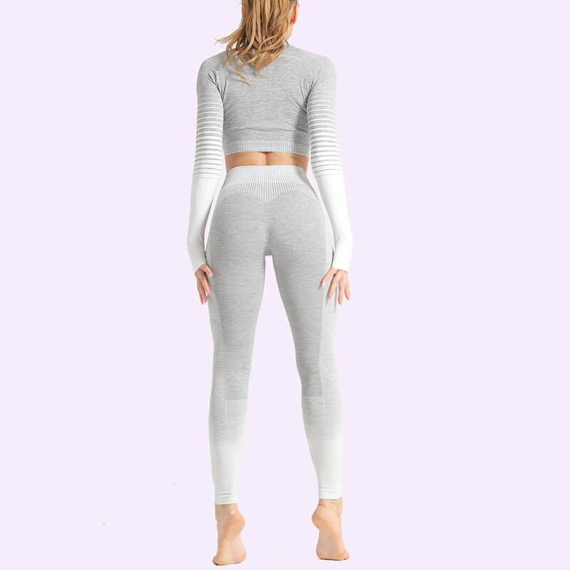 2 Piece Seamless Women Yoga Set Long Sleeve Top High Waist Pants Belly Control Sport Leggings Workout Gym Clothes Seamless Sport Suit OM9253