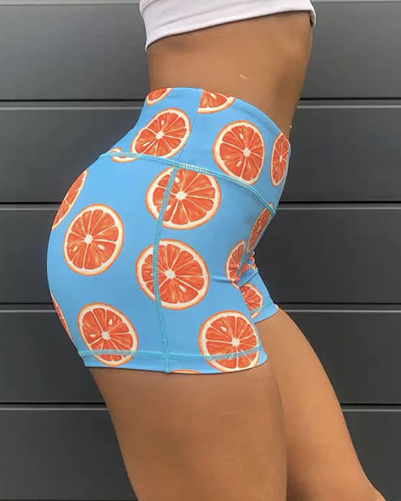 High Waist Fruit Cute Printing Sports Back Wrinkles Shorts S-L