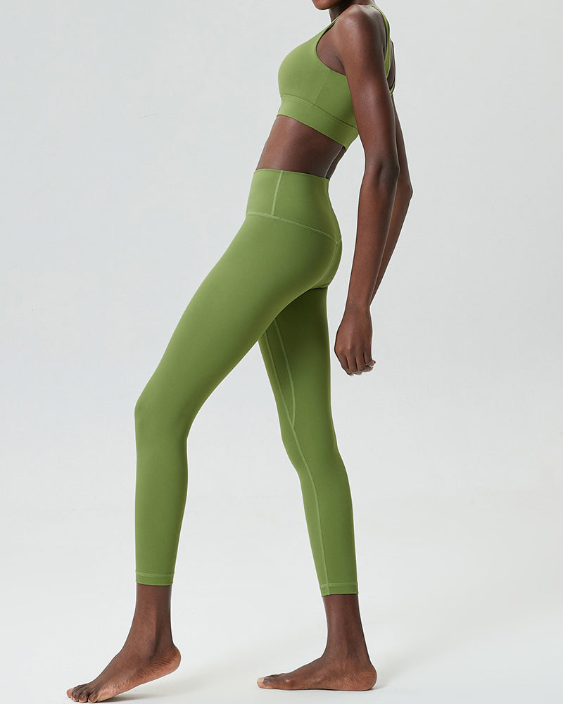 U-Back Zipper Front High Elastic Running High Waist Pants Yoga Two-piece Set S-XL