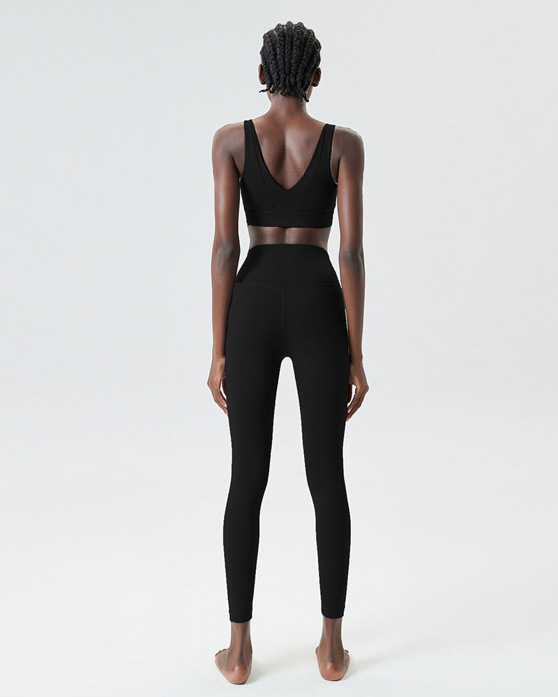 U-Back Zipper Front High Elastic Running High Waist Pants Yoga Two-piece Set S-XL