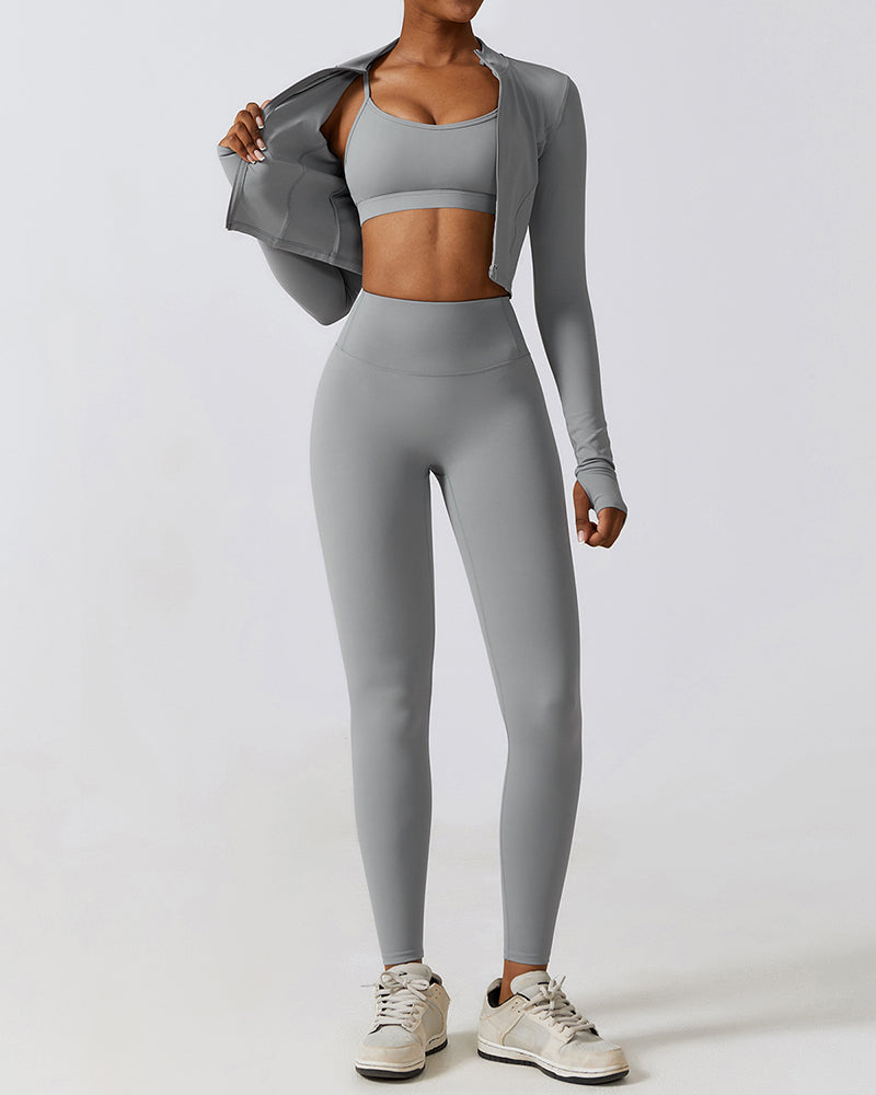 Popular Long Sleeve Coat Fitness Bra Slim Pants Sets Yoga Three Piece Sets S-XL