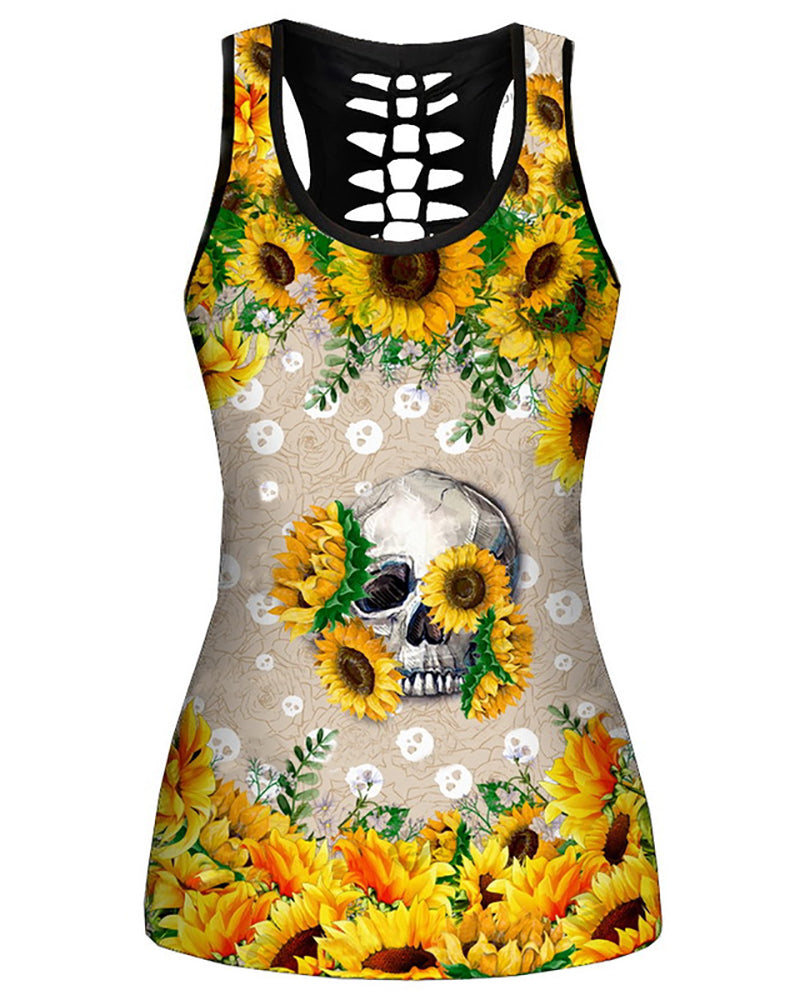 Women Casual Yoga Sport Sleeveless Suit T Shirt YinYang Cat Print 3D Tank Tops Pants Cool Flower Skull Tanks Back Hollow out Vest Casual Tees