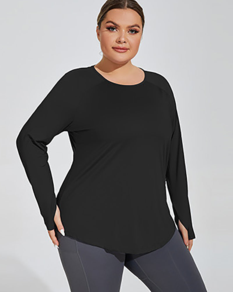Crew Neck Long Sleeve Breathable Loose Plus Size Yoga T-shirt Top Blue Purple Black XL-4XL