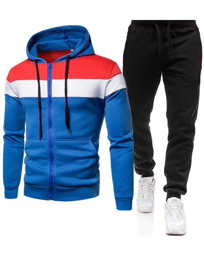 Autumn Winter Colorblock Hoodies Zipper Coat Loose Pants Two-piece Sets Blue Yellow Black Red Gray S-3XL