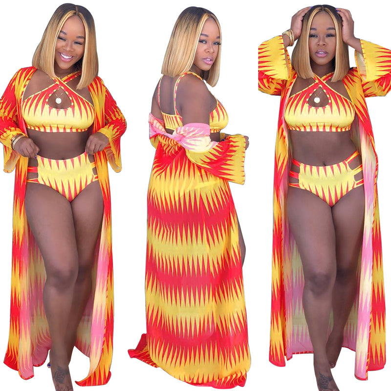 3 Piece Set Women Printed Swimwear Include Beach Dress OM25896