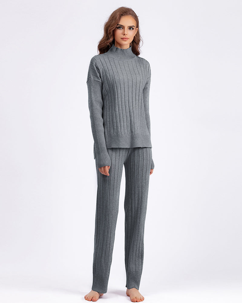 Autumn New High Neck Sweater Suit Warm Pullover Two Pieces Sets One Size