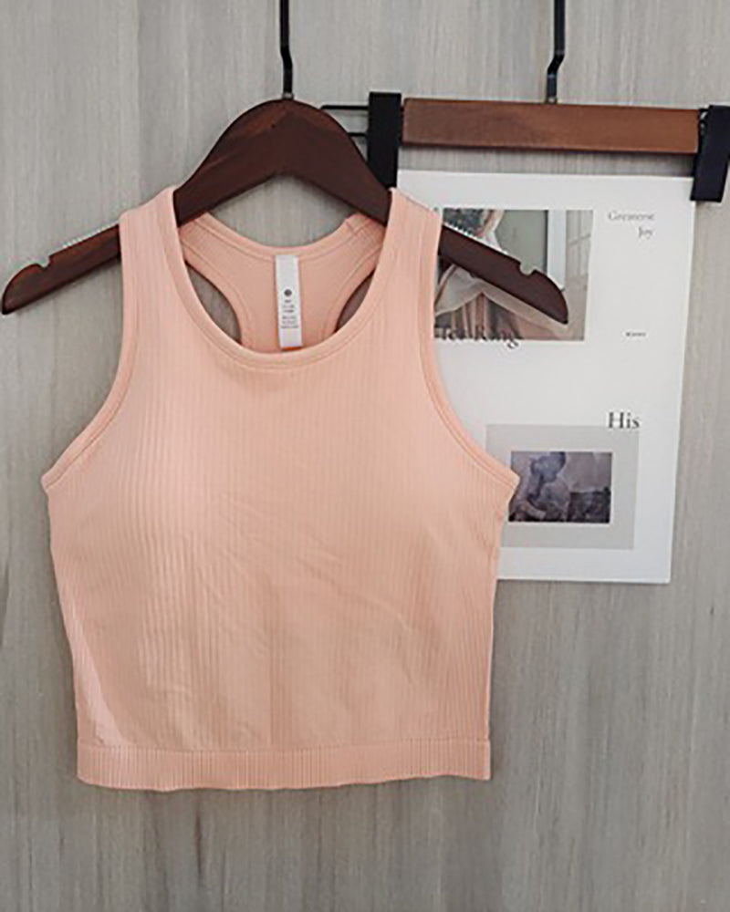 Women Sleeveless Solid Color Yoga Sports Vest With Pad S-L
