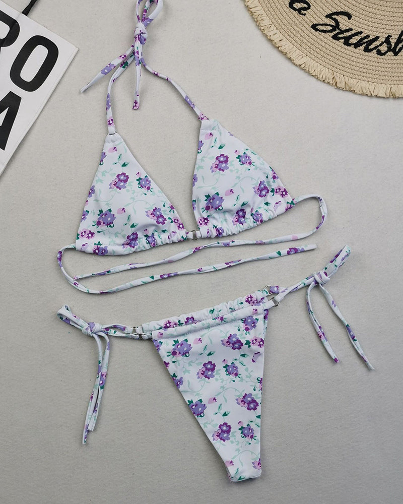 Sexy Halter Neck Florals Solid Colorful Tie Side String Two-piece Swimsuit S-L