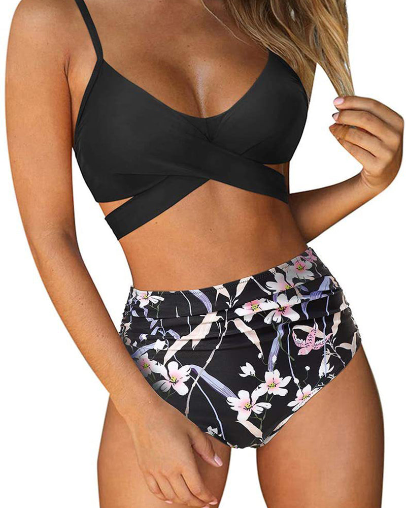 Women Fashion Women Strap Florals Printed High Waist Two-piece Swimsuit Sexy Bikini S-XL