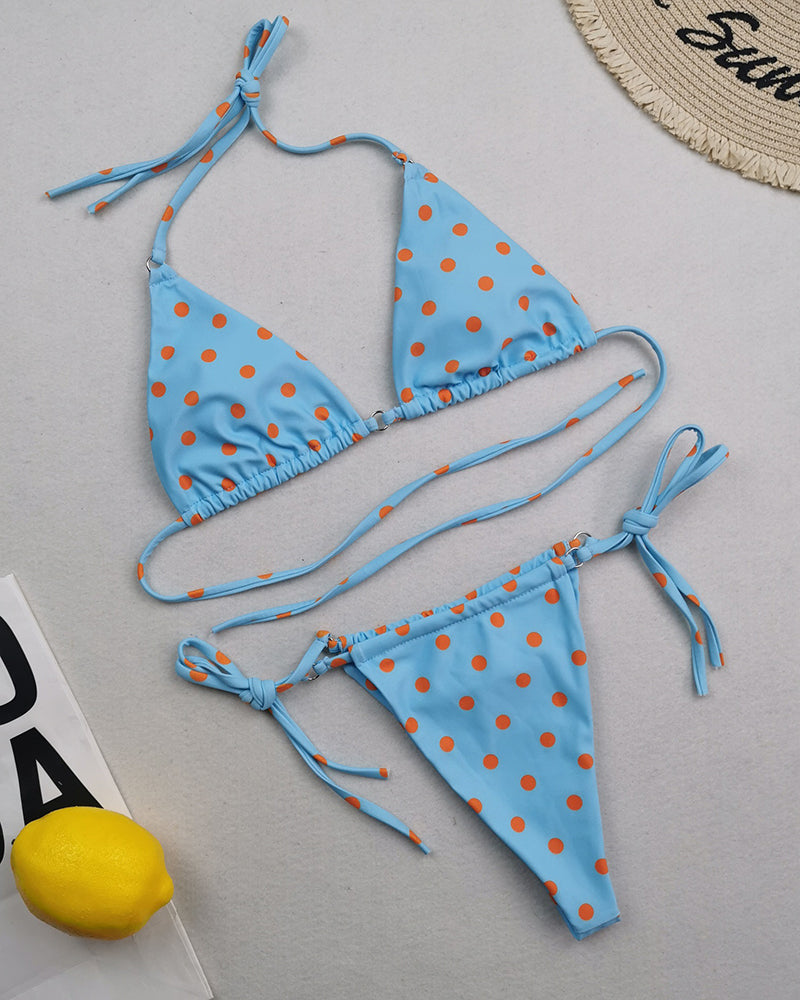 Sexy Halter Neck Florals Solid Colorful Tie Side String Two-piece Swimsuit S-L