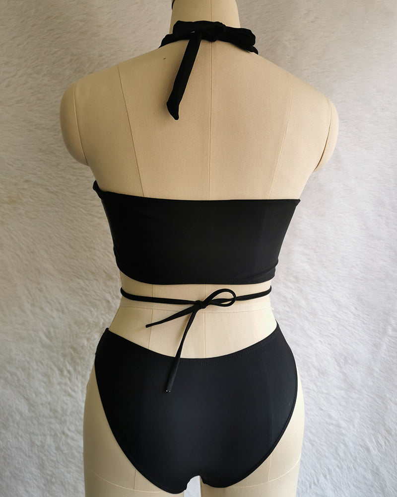 Fashion Printed Hollow Out Criss Neck Solid Color Sexy Women Summer Beach Three-piece Swimsuit White Black Beige Yellow S-XL