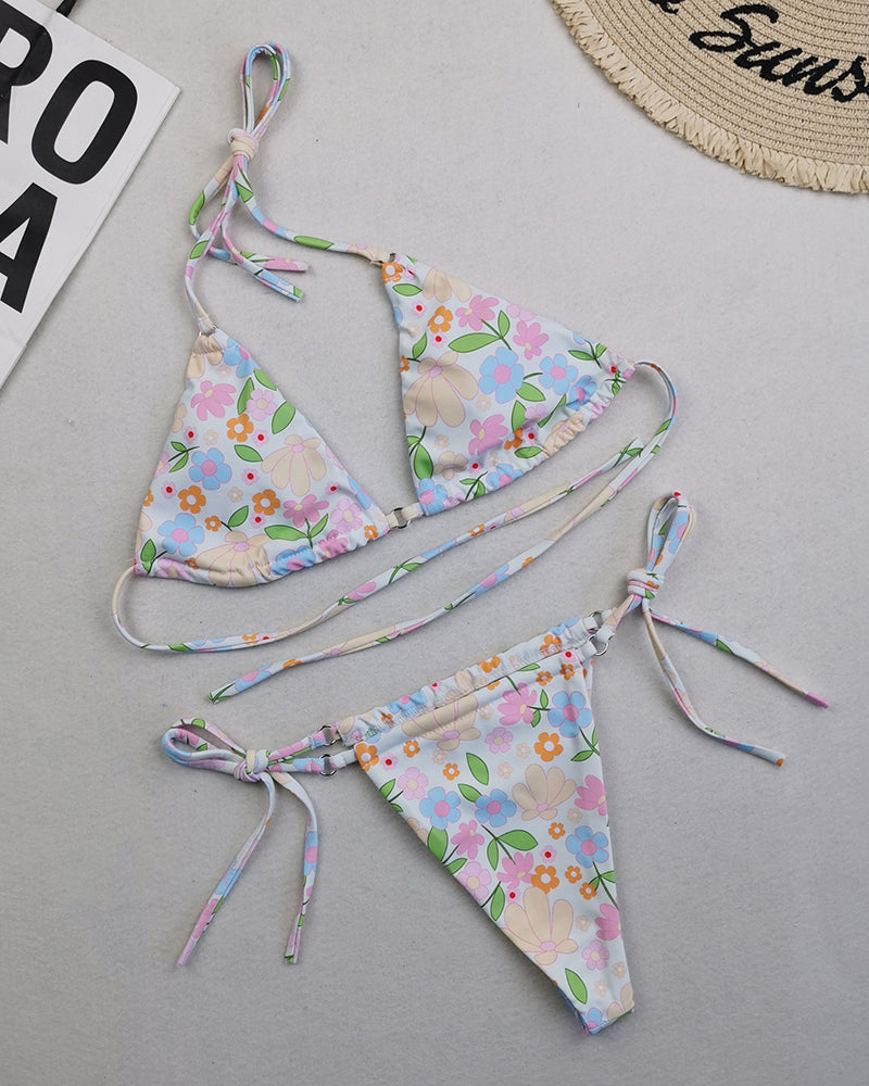 Sexy Halter Neck Florals Solid Colorful Tie Side String Two-piece Swimsuit S-L