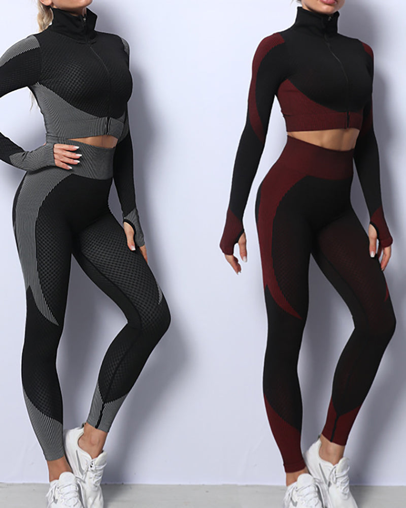 Multicolor Women Colorblock Fashion New Long Sleeve High Elastic Three Piece Set S-XL