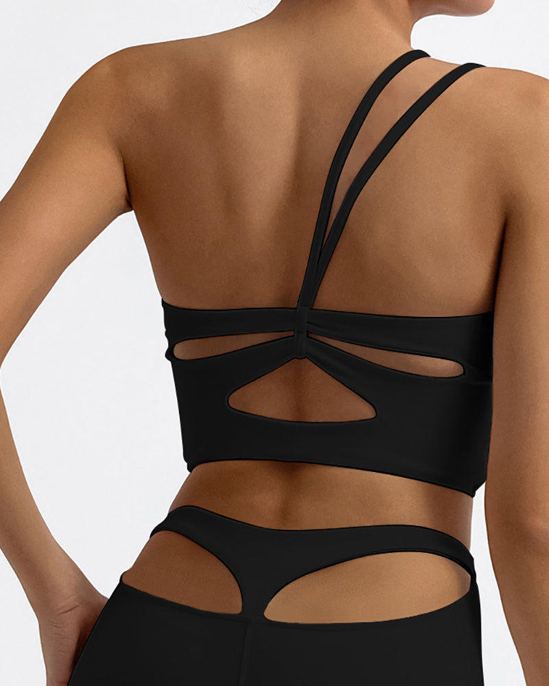 Women One Shoulder Back Criss Cross Quick-Drying Sports Bra Orange Khaki Black White S-L