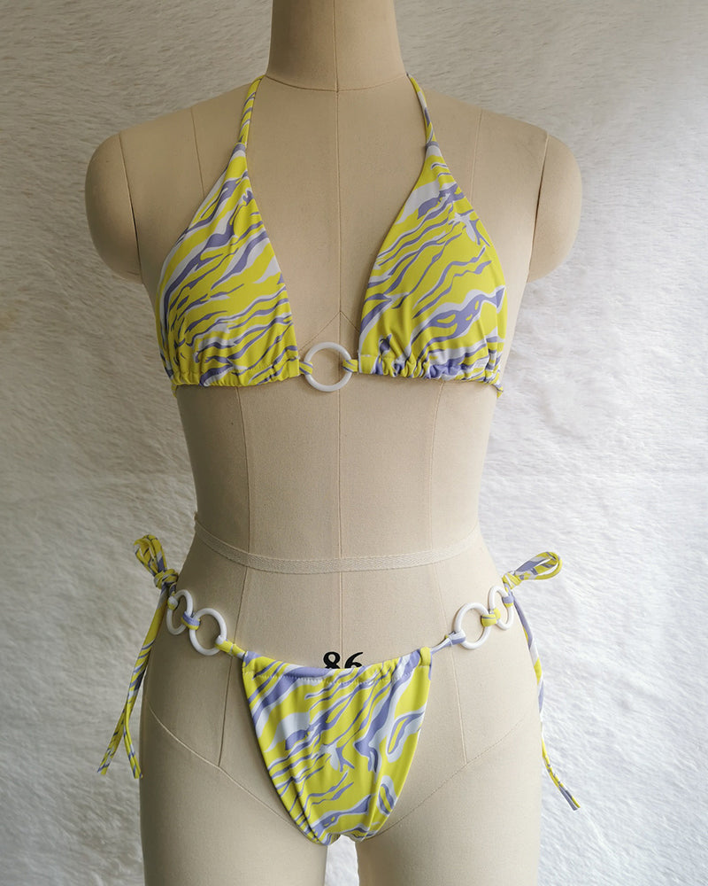 Halter Neck Solid Color Lady Tie Side String Two-piece Swimsuit White Yellow Green Red Purple Black Coffee S-L