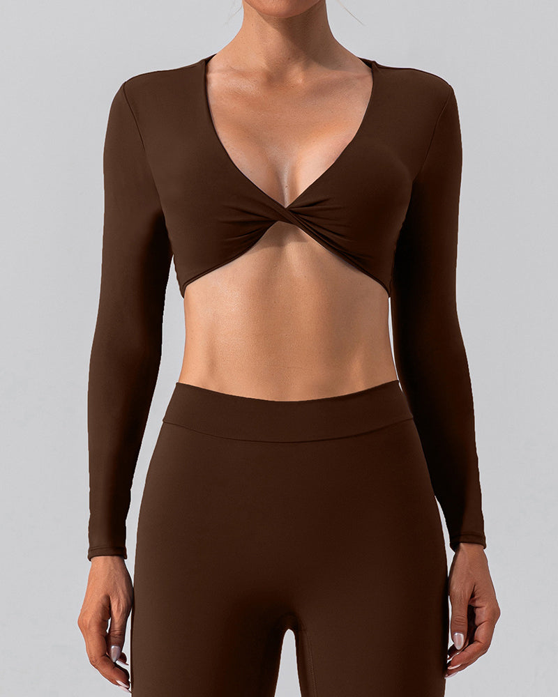 Women Long Sleeve V Neck Solid Color Crop Top Yoga Top S-XL