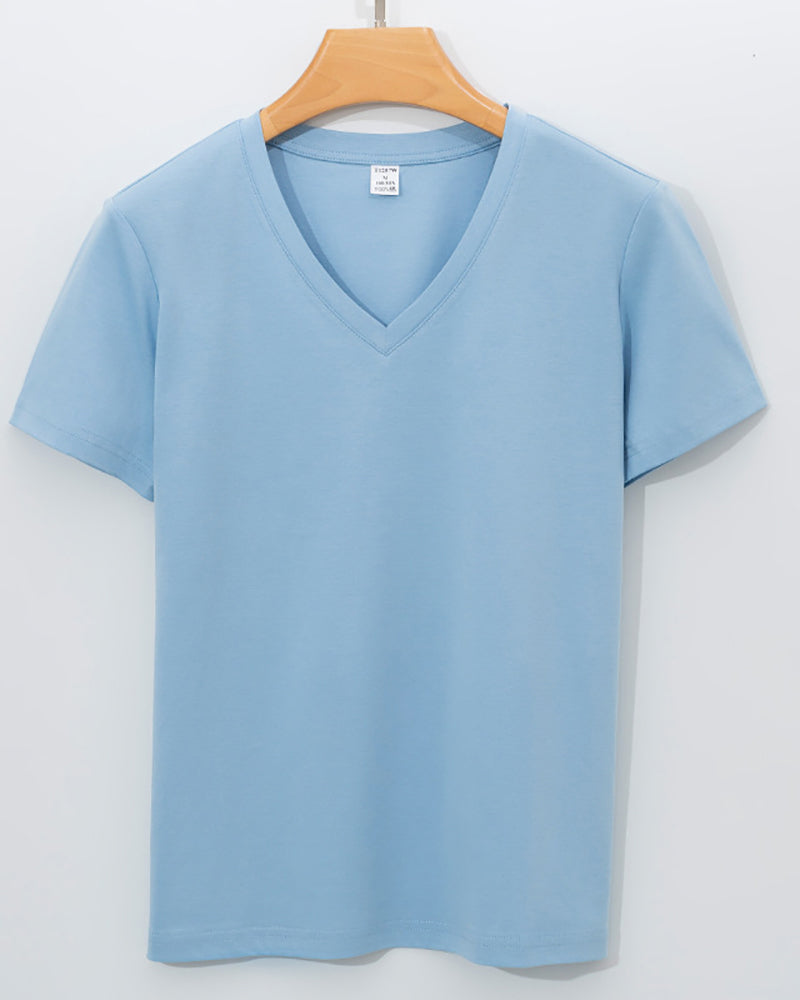 Women V-Neck 170g Cotton Summer Solid Color Basic T-shirt S-3XL