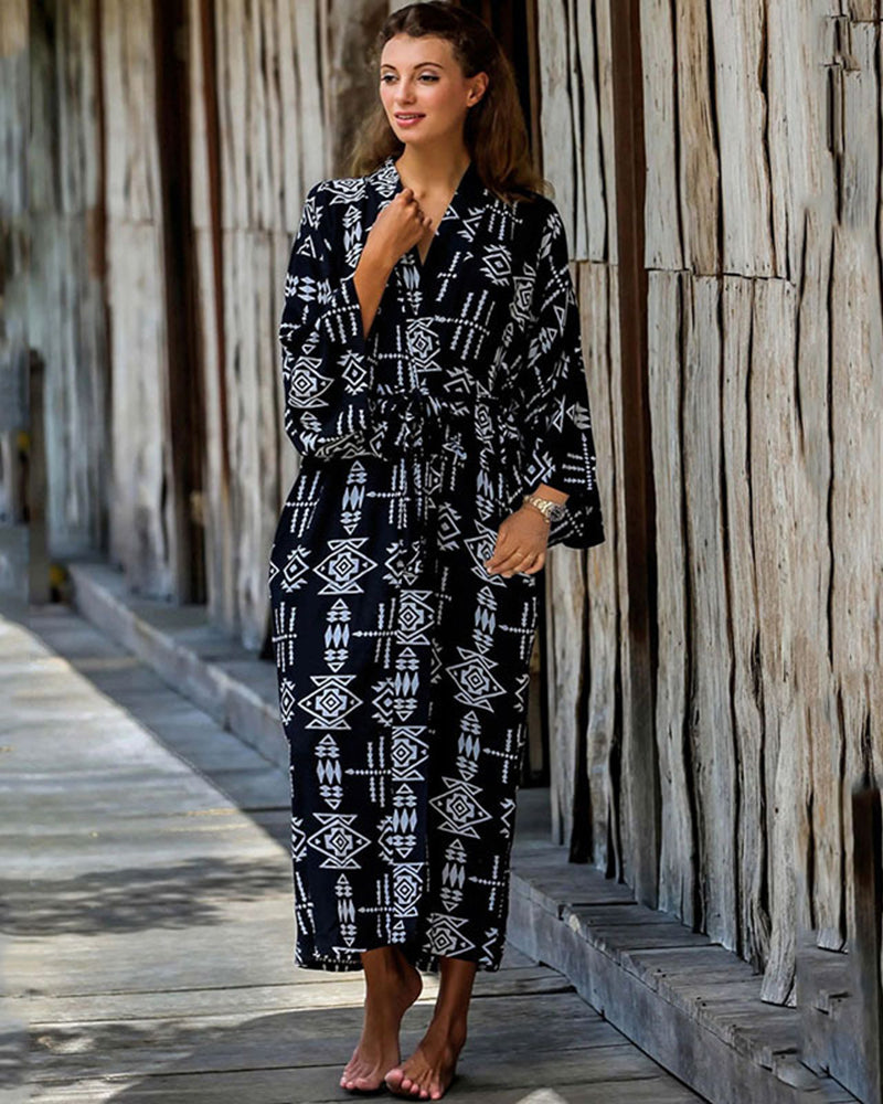 Fashion Printed Long Sleeve Vacation Loose Kimonos Beach Cover Ups One Size