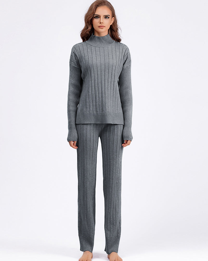 Autumn New High Neck Sweater Suit Warm Pullover Two Pieces Sets One Size